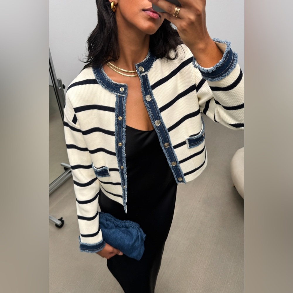 Sandro Stripey Cardigan With Denim Details - Picture 2 of 12